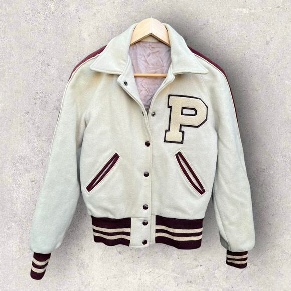 Vintage 50’s-60’s Varsity “P” Embroidered Jacket Off White Maroon Large 19x25 - Picture 2 of 10